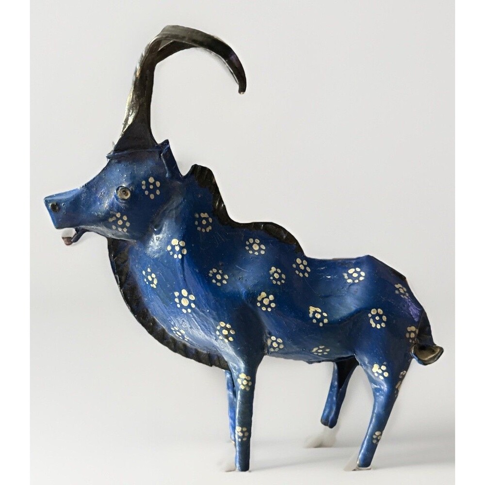 Handmade Metal Antelope Sculpture Blue Painted Folk Art Gazelle Decor